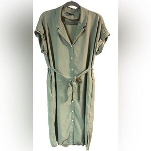 Frank and Oak Textured Tencel Green Button-Up Casual Minimalist Midi Shirt Dress